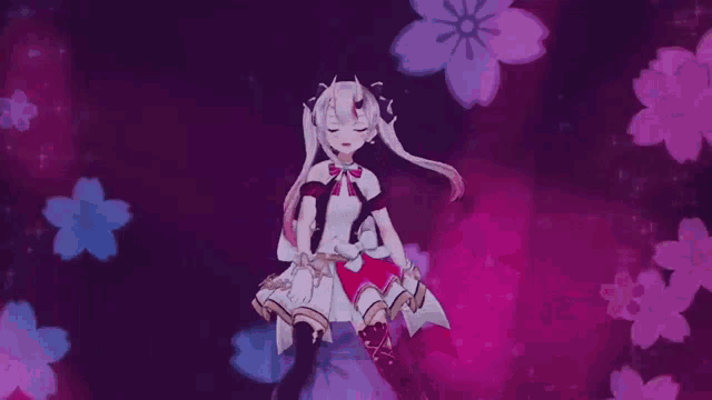 a girl in a white dress is dancing on a stage in front of a pink background with flowers .