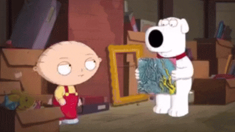 a cartoon character named stewie and a dog named brian are standing next to each other holding a picture frame .