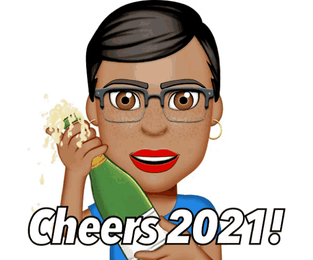 a cartoon of a woman holding a bottle of champagne with the words cheers 2021 on the bottom