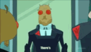 a cartoon of a man in a suit with red eyes and the words there 's on the bottom