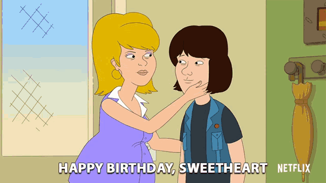 a cartoon says happy birthday sweetheart on the bottom right
