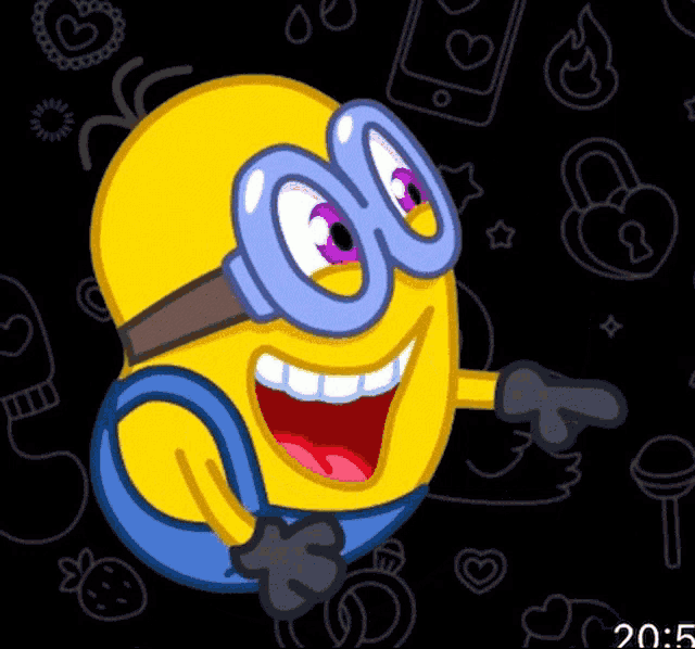 a cartoon of a minion wearing glasses and pointing