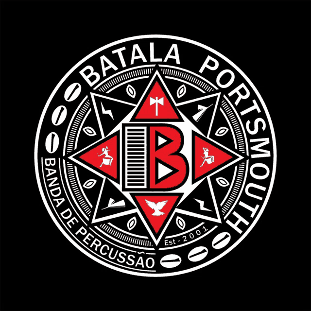 a logo for batala portmouth banda de percussao on a black background