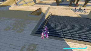 a person in a purple outfit is standing on a set of stairs in a video game