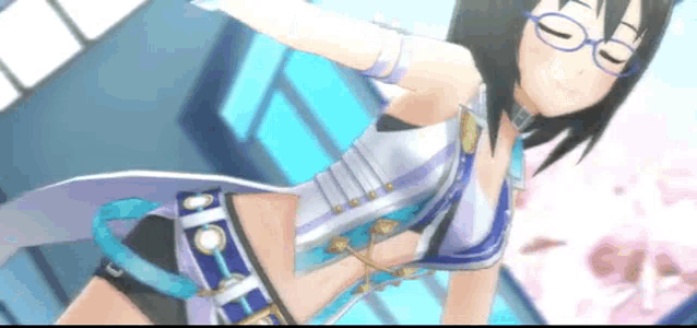 a girl with glasses is wearing a blue and white outfit .