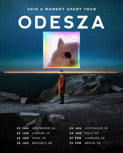 a poster for odesza shows a man in a red coat