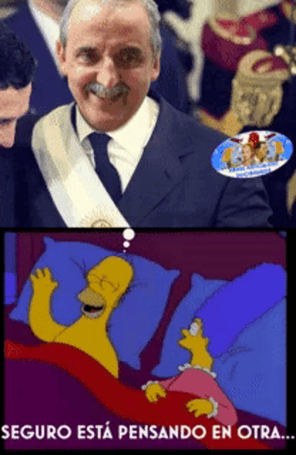 a cartoon of homer simpson laying in bed next to a man in a suit and tie