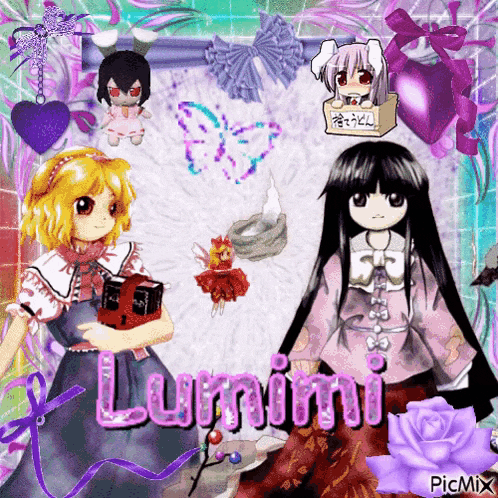 two anime girls are standing next to each other with the word lumumi in pink