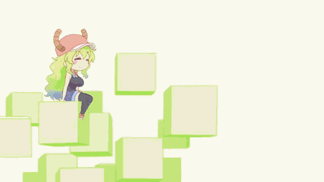 a girl with a cube on her head surrounded by pink squares