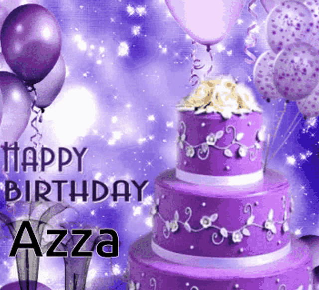 a purple birthday cake with balloons and the name azza on it