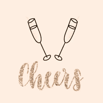 a cheers card with two champagne glasses and the word cheers written in gold glitter .