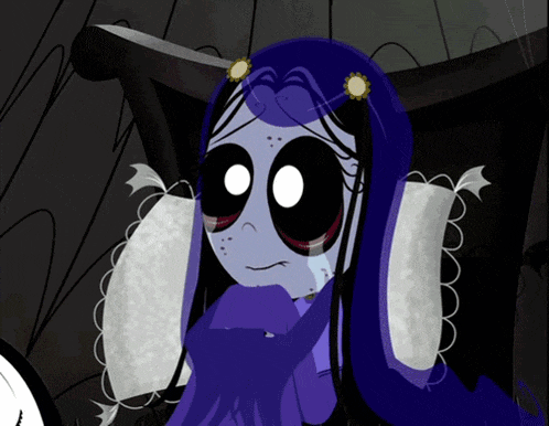 a cartoon of a girl with purple hair and black eyes