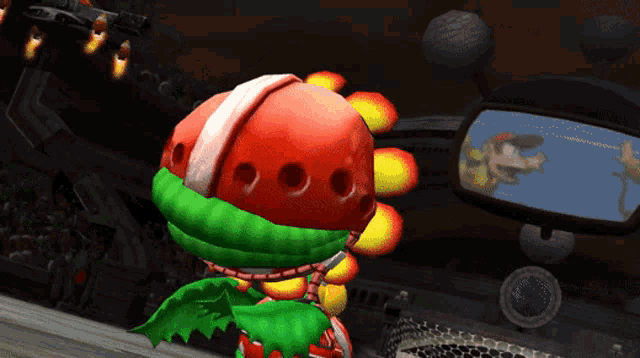 a video game character named piranha plant is standing in front of a mirror