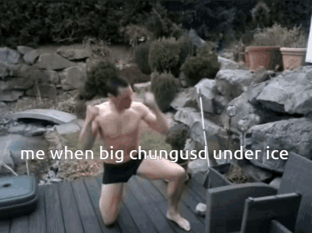 a man without a shirt is kneeling down on a deck with the words me when big chungusd under ice below
