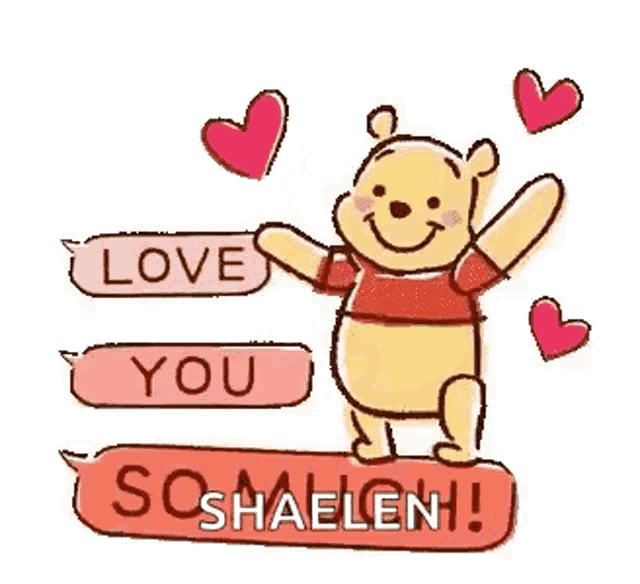 winnie the pooh is standing next to a speech bubble that says `` i love you '' .