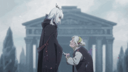 a woman with a crown on her head is kneeling down next to an older woman