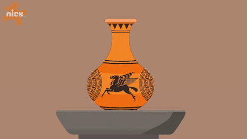 a cartoon of a man looking at a vase with a nick logo on the bottom