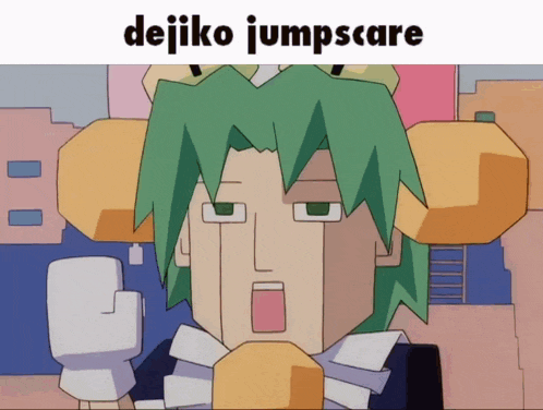 a cartoon character with green hair and the name dejiko jumpscare