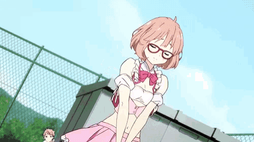 a girl in a pink dress and white thigh high socks is standing in front of a door .