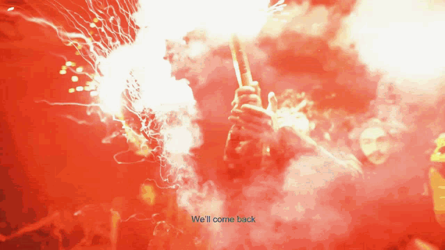 a man holding a torch with the words " we 'll come back " on the bottom right