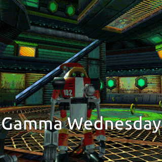 a robot in a video game with the words gamma wednesday on the bottom