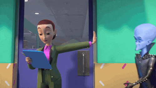 a woman is holding a clipboard while standing next to a blue alien