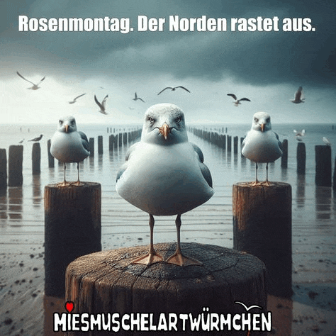 several seagulls are standing on a wooden stump in front of a body of water with the caption rosenmontag