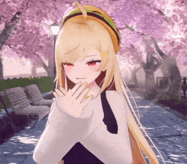 a girl with long blonde hair is wearing a yellow hat