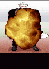 a pixel art drawing of a man holding a large flame shaped object