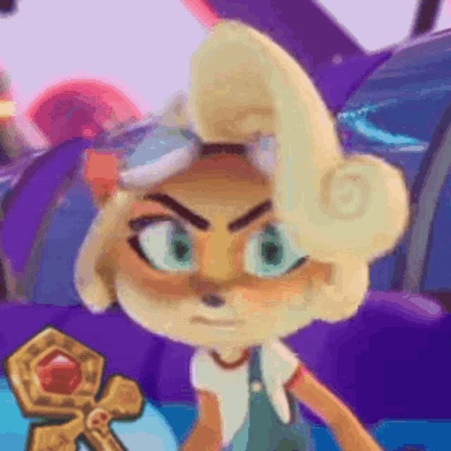 coco from crash bandicoot is holding a key in her hand and making a funny face .