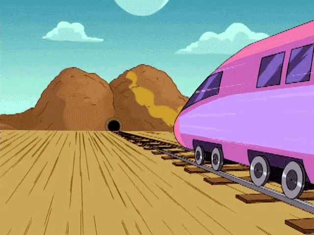 a cartoon drawing of a pink train going through a tunnel