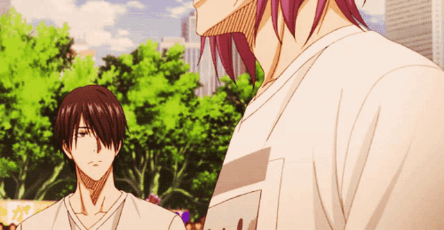 two anime characters are standing next to each other and one of them has a sticker on his shirt that says " i love you "