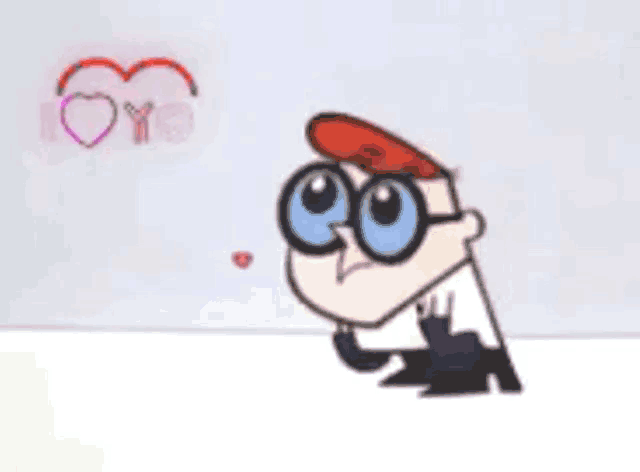 dexter from dexter 's laboratory looking at a sign that says i love you