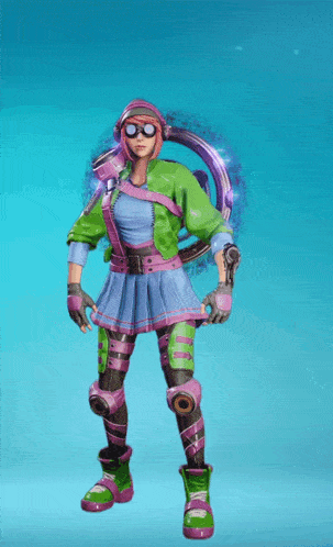a woman in a pink and green outfit is standing with her arms in the air and giving the middle finger