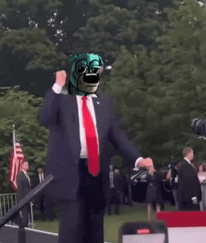 a man in a suit and tie with a dog on his head dancing