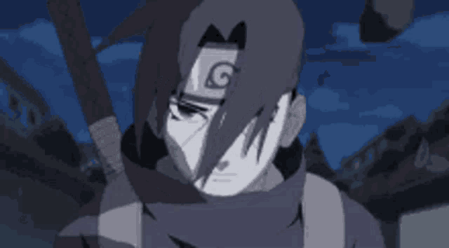 a close up of a cartoon character with a sword in his hand and a mask on his face .