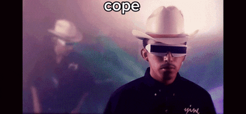 a man wearing a cowboy hat and sunglasses is standing in front of a sign that says cope