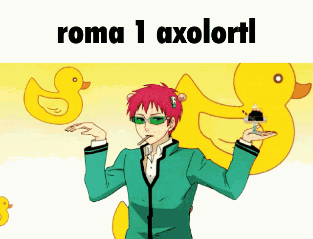 a cartoon character is holding a cake in front of a rubber duck and the words roma 1 axolortl
