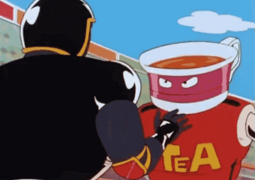 a cartoon character with a cup on his head and the word tea on his shirt .