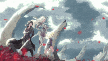 a painting of a woman holding a sword standing next to two other people