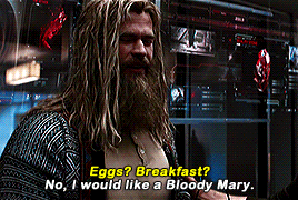 a man with long hair and a beard says " eggs ? breakfast ? no i would like a bloody mary "