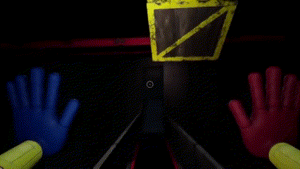 a red and blue hand is holding a yellow sign that says ' warning ' on it