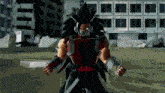 a pixelated image of a man in a samurai costume standing in front of a building .
