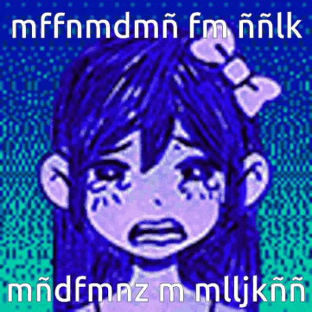 a drawing of a girl with a bow in her hair with the words mffnmdmn fm nnlk