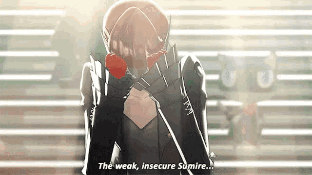 a woman in a black suit is holding a red rose in her hand and says `` the weak , insecure sumire ... ''