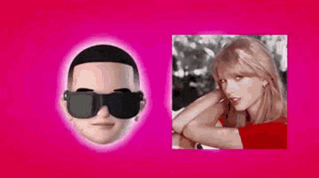 a man wearing sunglasses and a woman wearing a red shirt are featured on a pink background .