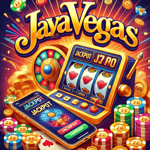 an illustration of a slot machine with the words java vegas in the background