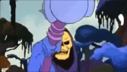 a cartoon of a skeletor holding a purple pumpkin on his head
