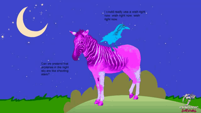 a pink zebra with a blue bird sitting on its back