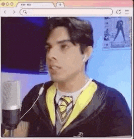 a man in a harry potter costume is talking into a microphone on a computer screen .